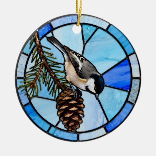 Chickadee on Pinecone Christmas Tree Ornament セラミックオーナメント (正面)