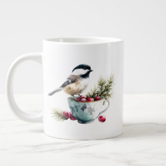 Chickadee on Teacup With Cranberries ジャンボコーヒーマグカップ