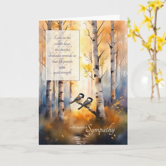 Chickadees Autumn Birch Tree Forest Sympathy カード (黄色い花)