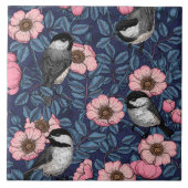 Chickadees in the wild rose in pink and blue タイル (正面)