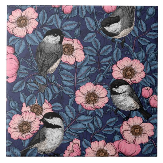 Chickadees in the wild rose in pink and blue タイル (正面)