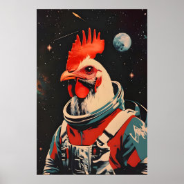Chicken Astronaut Poster, Chicken Retro Print ポスター