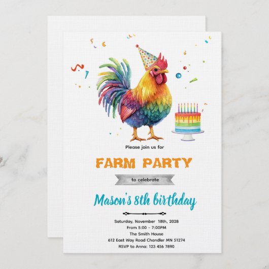 Chicken Birthday Party Invitation 招待状 (正面/裏面)