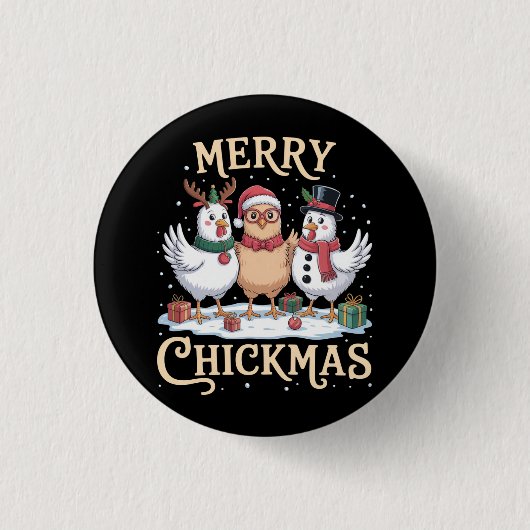 Chicken Christmas Santa Hat Merry Chickmas Farm 缶バッジ (正面)