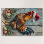 Chicken Guarding Christmas Eggs Rustic Hat ジグソーパズル (横)