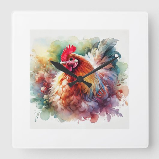 Chicken in Light 200824AREF146 - Watercolor スクエア壁時計 (正面)