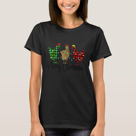 Chicken Merry Christmas Red Green Plaid Leopard Pa Tシャツ (正面)