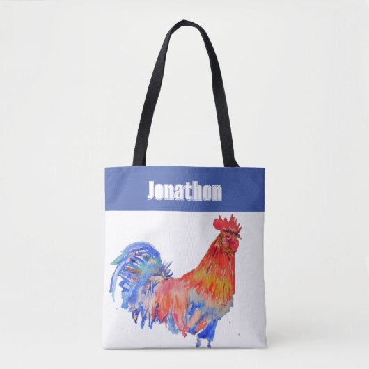 Chicken Rooster Bird Kids Boys Name Blue Red トートバッグ (正面)
