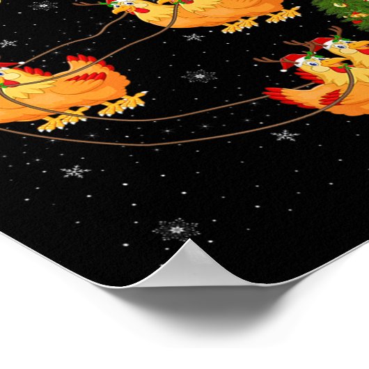 Chicken Santa Sleigh Flying Funny Magical Christma ポスター (角)