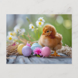 Chicken stands beside an Easter nest with eggs ポストカード