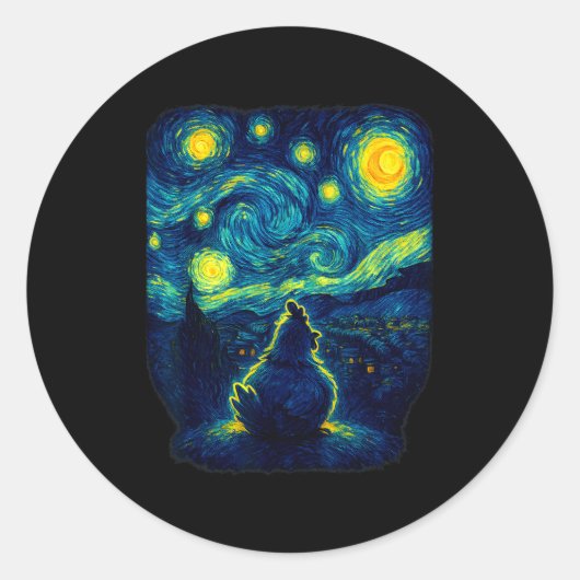 Chicken Starry Funny Night Van Gogh Farm Lover Gir ラウンドシール (正面)