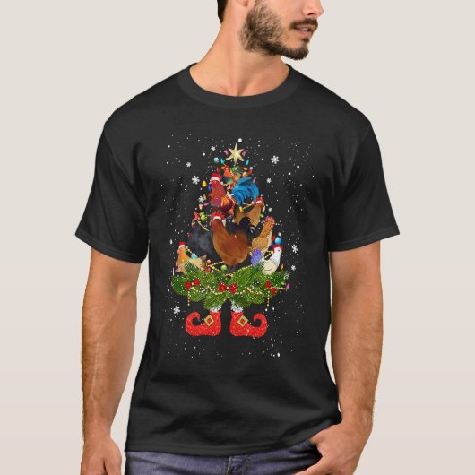 Chickens Christmas Tree Lights Cute Santa Hat Tシャツ (正面)