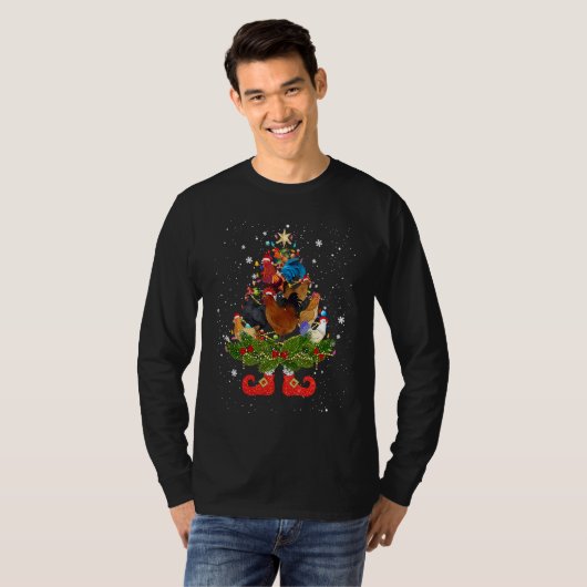 Chickens Christmas Tree Lights Cute Santa Hat Tシャツ (正面フル)