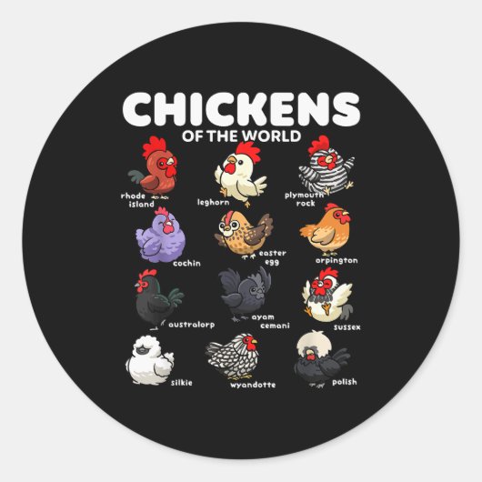 Chickens Of The World Funny Cartoon Chicken Breeds ラウンドシール (正面)