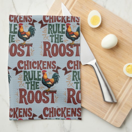 Chickens Rule the Roost Rustic Farm Illustration キッチンタオル (四つ折り)