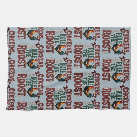 Chickens Rule the Roost Rustic Farm Illustration キッチンタオル (横)