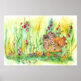 Chickens Watercolor Painting Hen Rooster Art ポスター