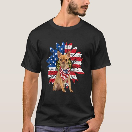 Chihuahua American Flag Sunflower Dog Lovers 4th O Tシャツ (正面)