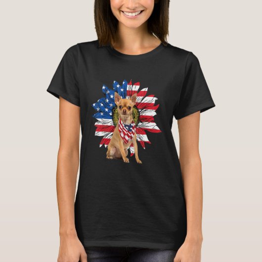 Chihuahua American Flag Sunflower Dog Lovers 4th O Tシャツ (正面)