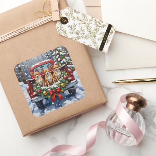 Chihuahua Christmas Red Truck Holiday スクエアシール (ギフト)