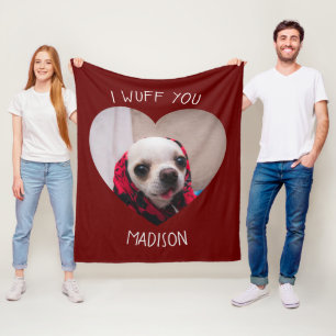 Chihuahua cute wuff you love Valentineハート写真 フリースブランケット