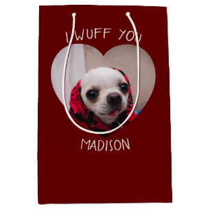 Chihuahua cute wuff you love Valentineハート写真 ミディアムペーパーバッグ