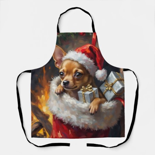 Chihuahua Dog Christmas Stocking Surprise Art エプロン (正面)
