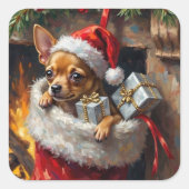 Chihuahua Dog Christmas Stocking Surprise Art スクエアシール (正面)