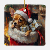 Chihuahua Dog Christmas Stocking Surprise Art セラミックオーナメント (裏面)