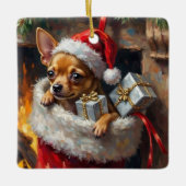 Chihuahua Dog Christmas Stocking Surprise Art セラミックオーナメント (正面)