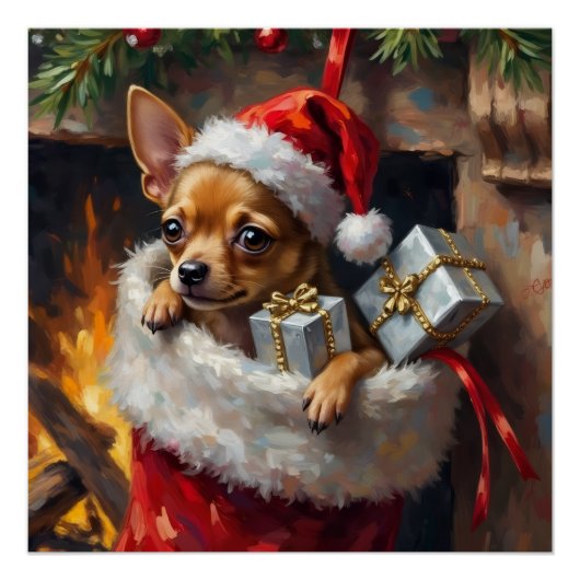 Chihuahua Dog Christmas Stocking Surprise Art ポスター (正面)