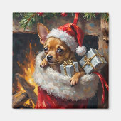 Chihuahua Dog Christmas Stocking Surprise Art マグネット (正面)