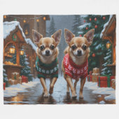Chihuahua Dogs Christmas Snow Holiday フリースブランケット (正面(横))
