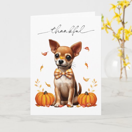 Chihuahua Fall Thankful Thanksgiving Greeting Card カード (黄色い花)