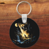 Chihuahua howling to the moon vintage funny キーホルダー (正面)