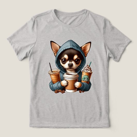 Chihuahua in Hooded Sweatshirt Holding Coffee トライブレンドＴシャツ (デザイン正面)