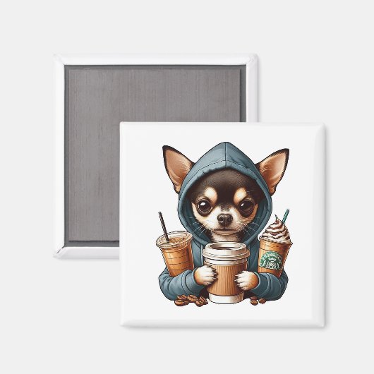 Chihuahua in Hooded Sweatshirt Holding Coffee マグネット (正面/裏面)