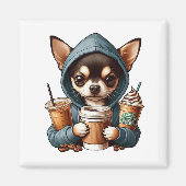 Chihuahua in Hooded Sweatshirt Holding Coffee マグネット (正面)
