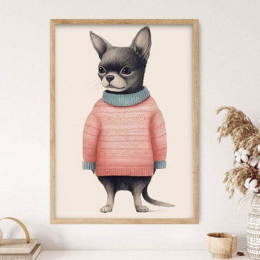 Chihuahua In Pink Sweater, Funny Dog Decor, Cozy  ポスター