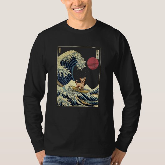 Chihuahua Japanese Kanagawa Wave Funny Surf Dog Tシャツ (正面)