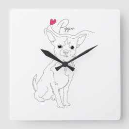 Chihuahua Pet Line Art with Name スクエア壁時計