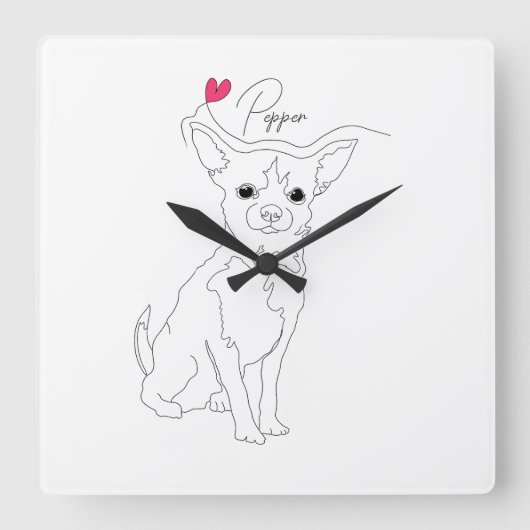 Chihuahua Pet Line Art with Name スクエア壁時計 (正面)
