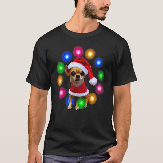 Chihuahua Puppy Christmas Lights Santa Hat Tシャツ (正面)