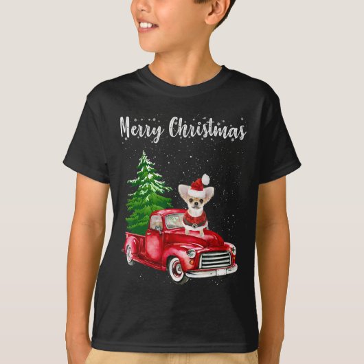Chihuahua Riding Red Truck Merry Christmas Dog Lov Tシャツ (正面)