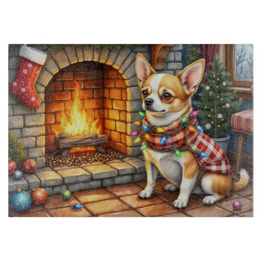 Chihuahua Sitting Fireplace with Christmas Lights カッティングボード (正面)