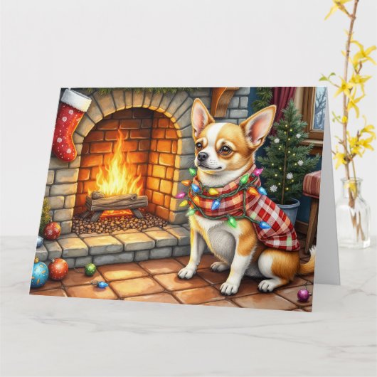 Chihuahua Sitting Fireplace with Christmas Lights カード (黄色い花)