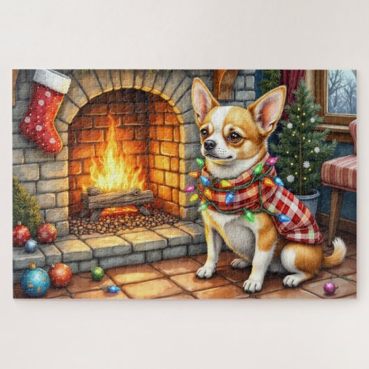 Chihuahua Sitting Fireplace with Christmas Lights ジグソーパズル (横)