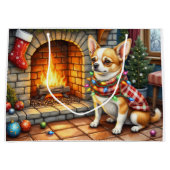 Chihuahua Sitting Fireplace with Christmas Lights ラージペーパーバッグ (正面)