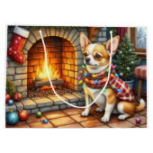 Chihuahua Sitting Fireplace with Christmas Lights ラージペーパーバッグ (裏面)