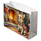 Chihuahua Sitting Fireplace with Christmas Lights ラージペーパーバッグ (裏面アングル)
